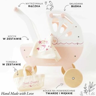 Drewniany wózek dla lalek Sweetdreams, zabawa dzieci z lalkami, Le Toy Van