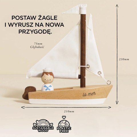 Drewniana żaglówka z kapitanem, łódka, statek zabawka dla dzieci Le Toy Van