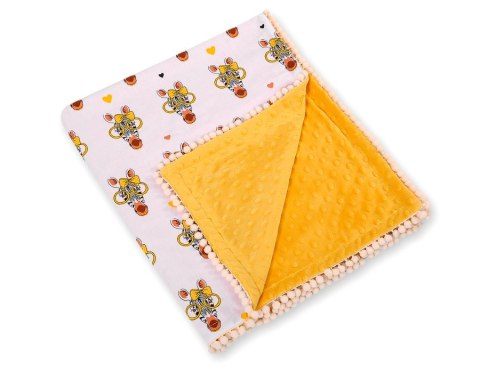 Dwustronny kocyk minky z pomponami - żółte zebry Dwustronny kocyk minky z pomponami - żółte zebry