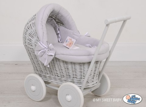 Wiklinowy wózek dla lalek pchacz szary z szarą pościelką i miękką wyściółką